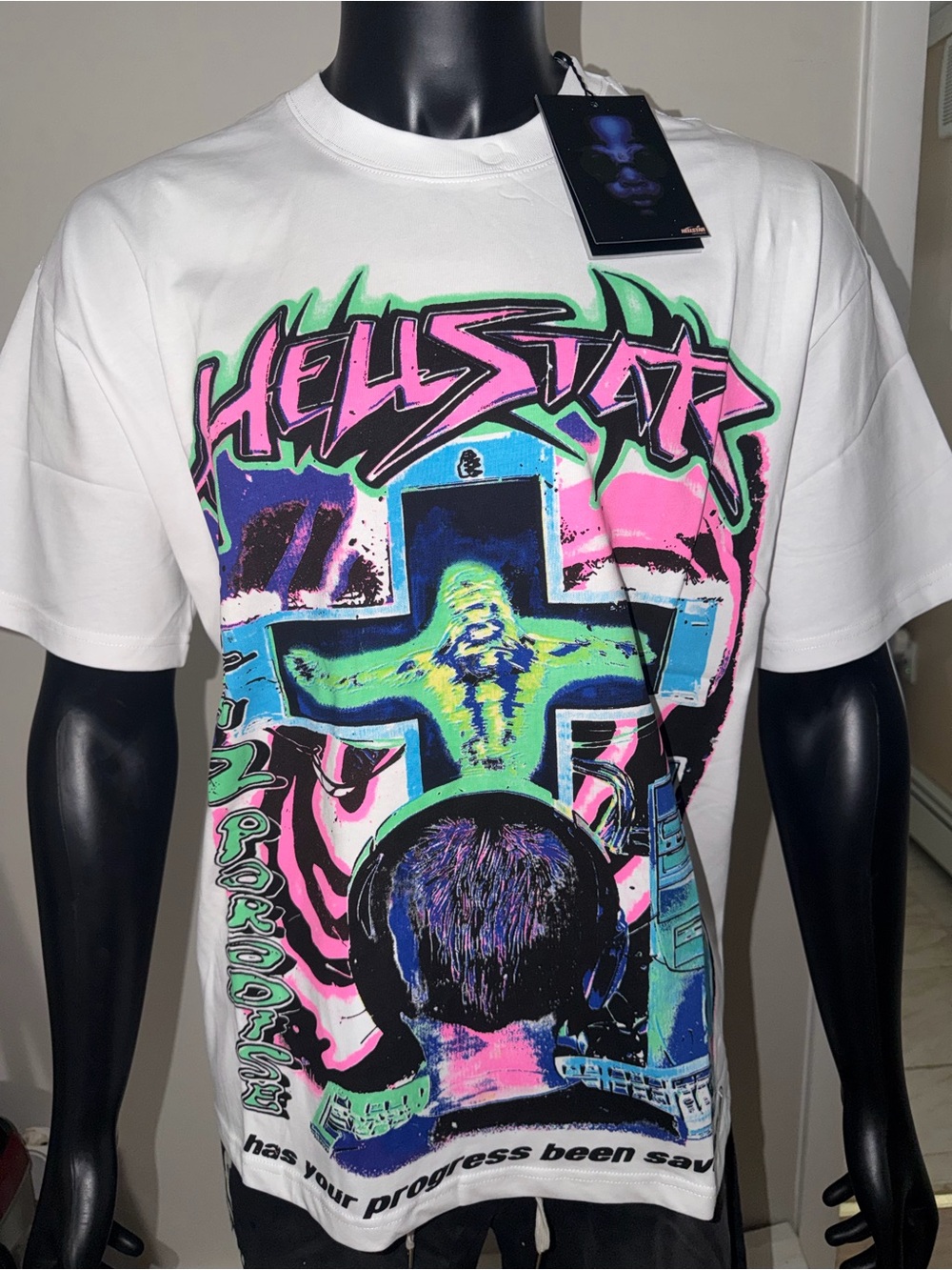 Hellstar White Graphic Button-Down Casual Shirt - Neon Cross Print